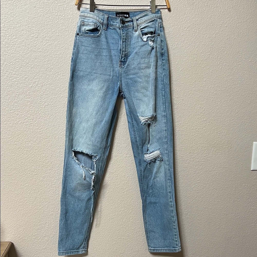 Fashion Nova Light Blue High Rise Distressed Jeans